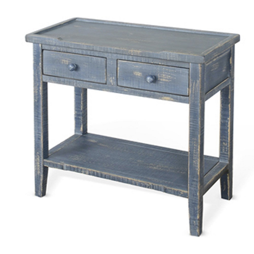 Benjara Rena Side End Table, 2 Drawers 1 Shelf, 28 Inch Rustic Blue Mahogany