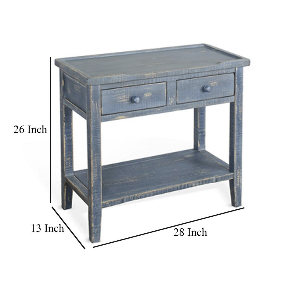 Benjara Rena Side End Table, 2 Drawers 1 Shelf, 28 Inch Rustic Blue Mahogany