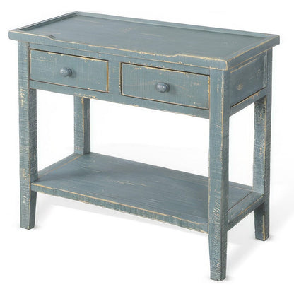 Benjara Rena Side End Table, 2 Drawers 1 Shelf, 28 Inch Rustic Green Mahogany