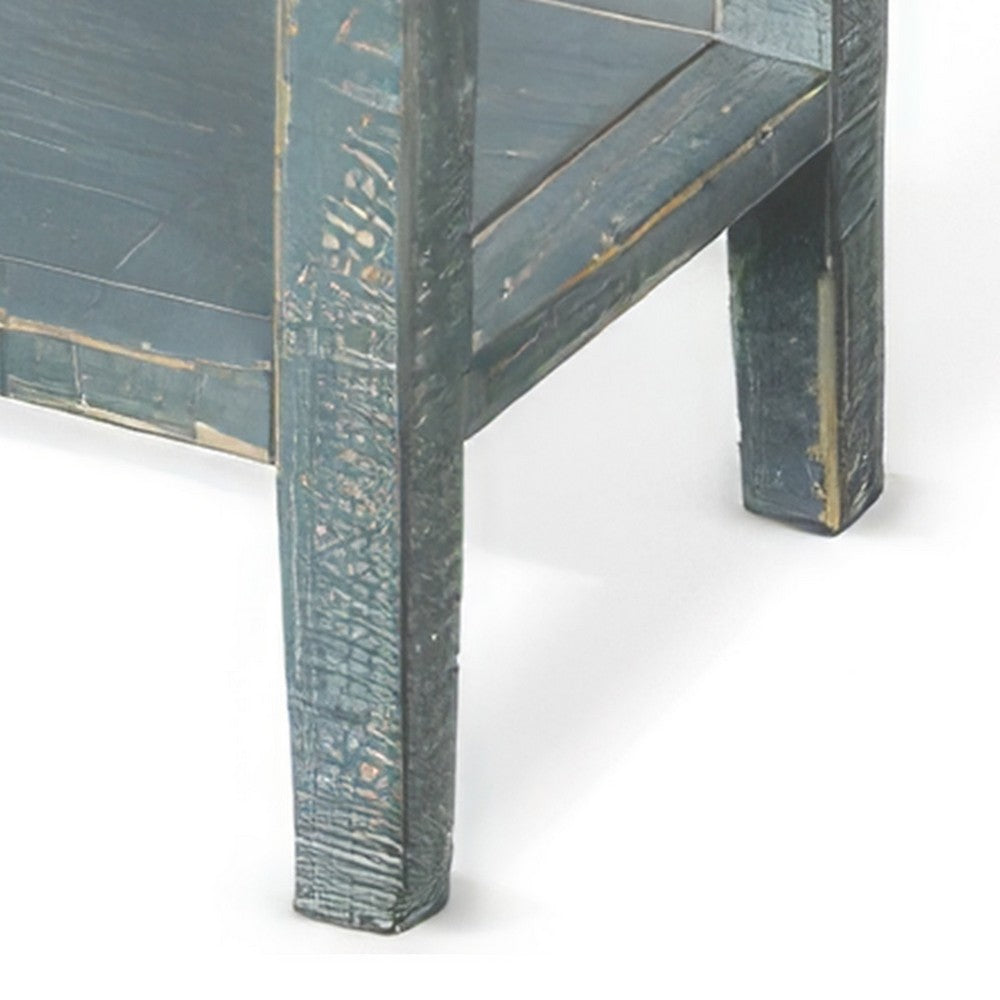Benjara Rena Side End Table, 2 Drawers 1 Shelf, 28 Inch Rustic Green Mahogany