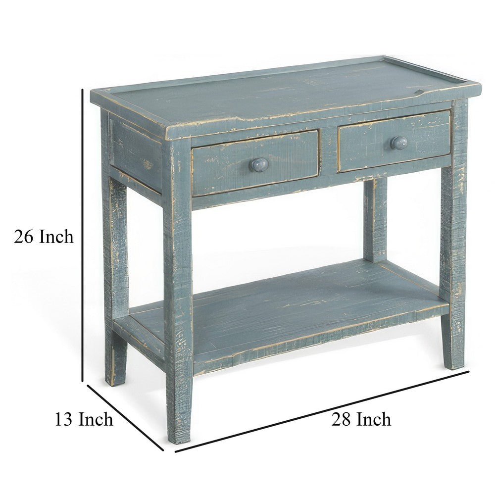 Benjara Rena Side End Table, 2 Drawers 1 Shelf, 28 Inch Rustic Green Mahogany
