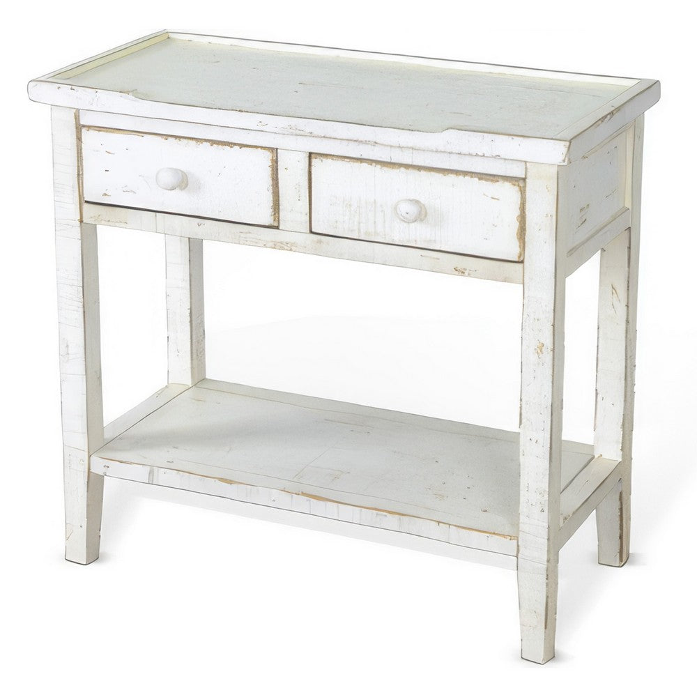 Benjara Rena Side End Table, 2 Drawers 1 Shelf, 28 Inch Rustic White Mahogany