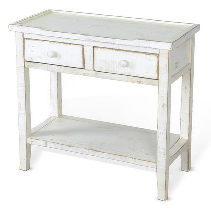 Benjara Rena Side End Table, 2 Drawers 1 Shelf, 28 Inch Rustic White Mahogany
