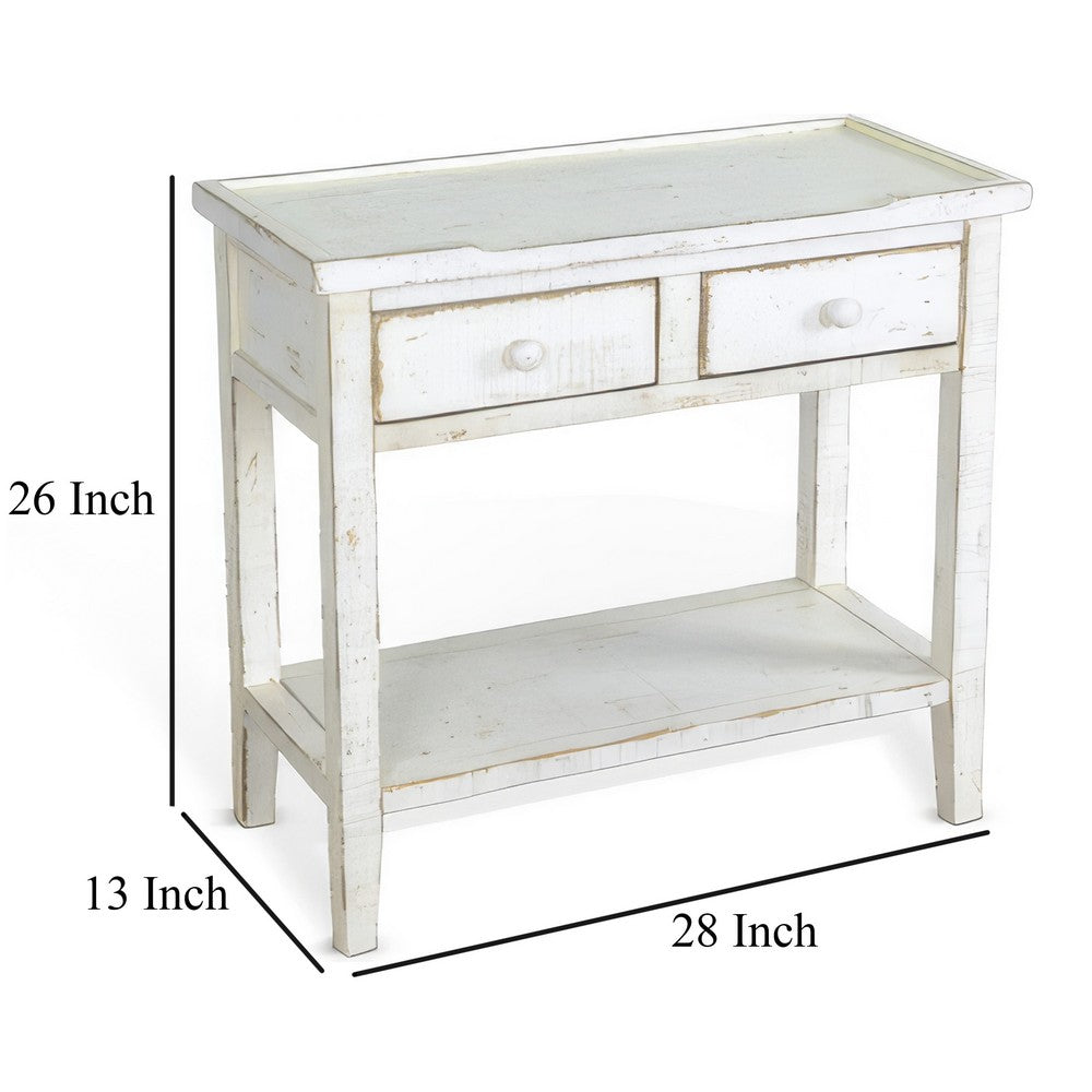 Benjara Rena Side End Table, 2 Drawers 1 Shelf, 28 Inch Rustic White Mahogany