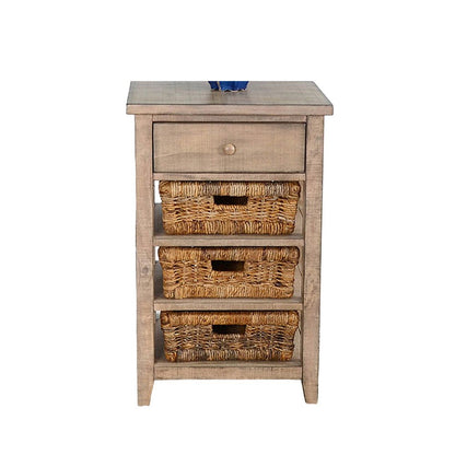 Benjara Rena End Table, 3 Natural Rattan Storage Baskets, 20 Inch Brown Wood