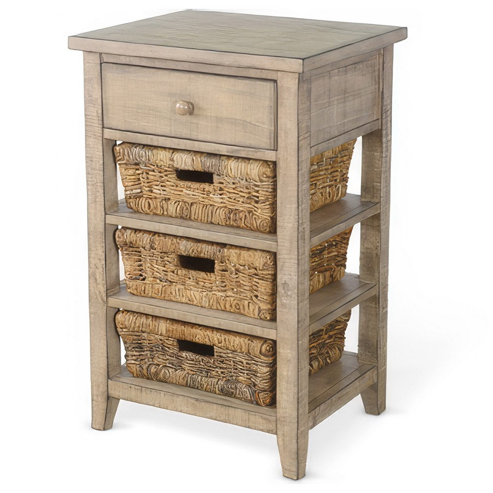 Benjara Rena End Table, 3 Natural Rattan Storage Baskets, 20 Inch Brown Wood