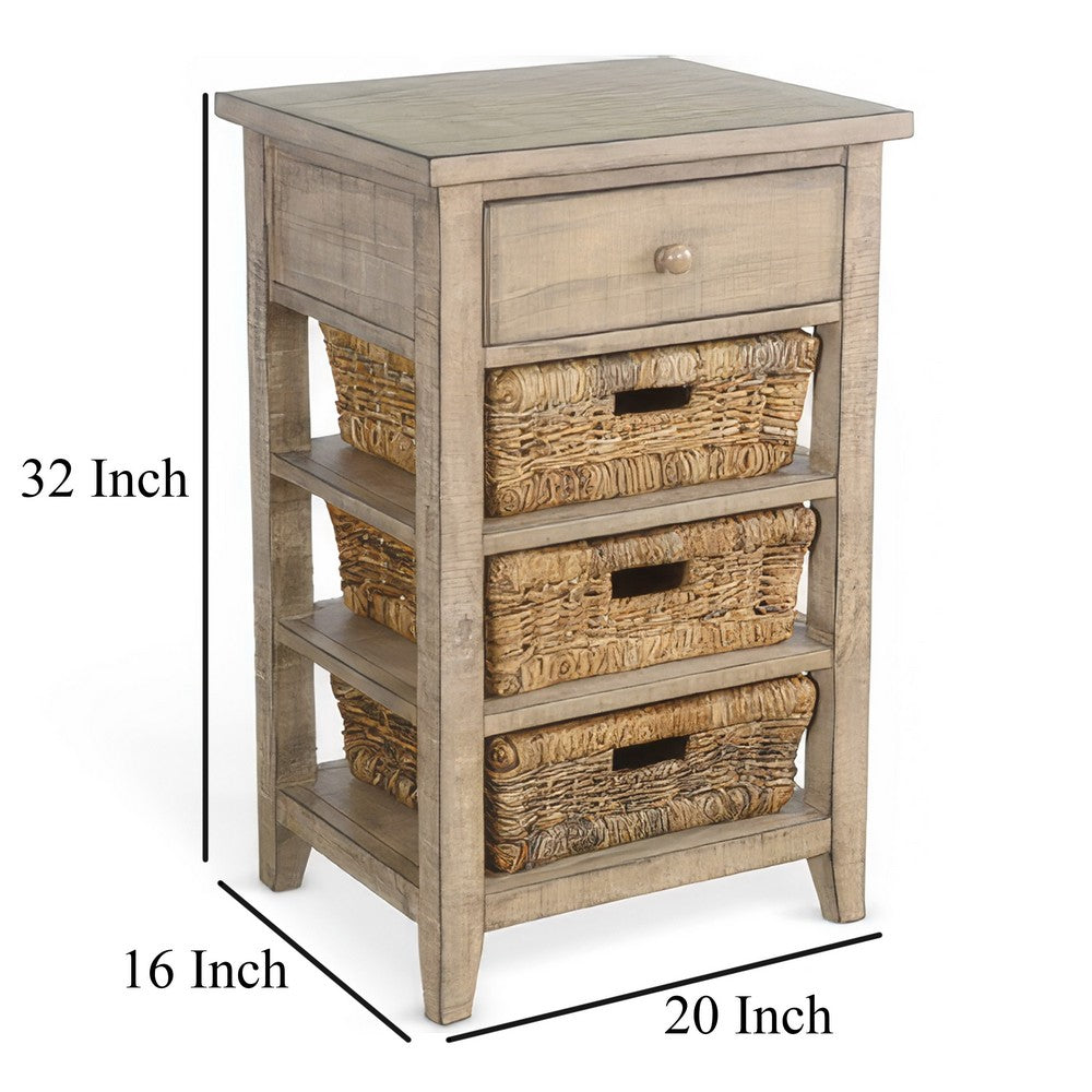 Benjara Rena End Table, 3 Natural Rattan Storage Baskets, 20 Inch Brown Wood