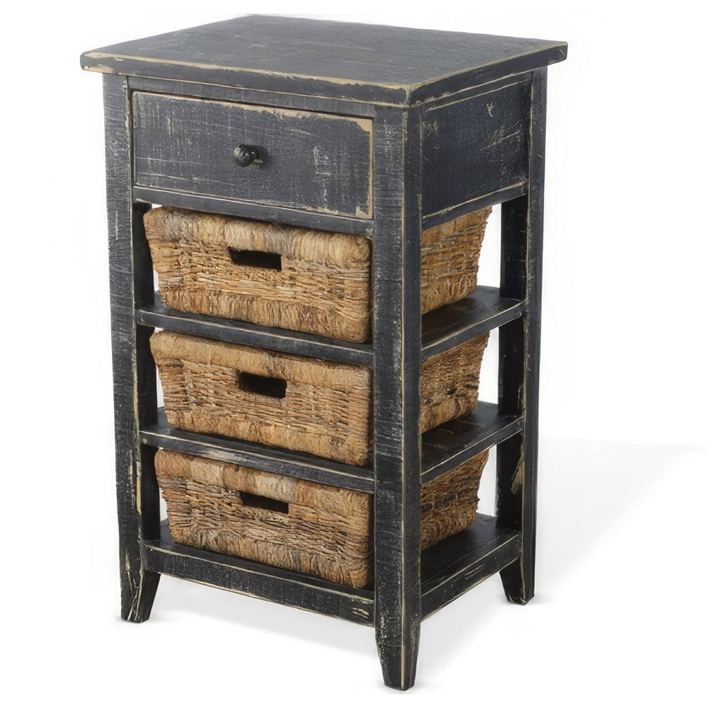 Benjara Rena End Table, 3 Natural Rattan Storage Baskets, 20 Inch Black Wood