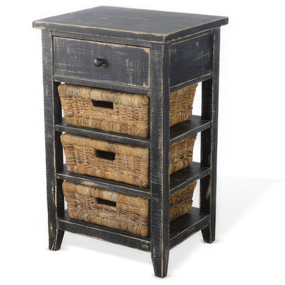 Benjara Rena End Table, 3 Natural Rattan Storage Baskets, 20 Inch Black Wood