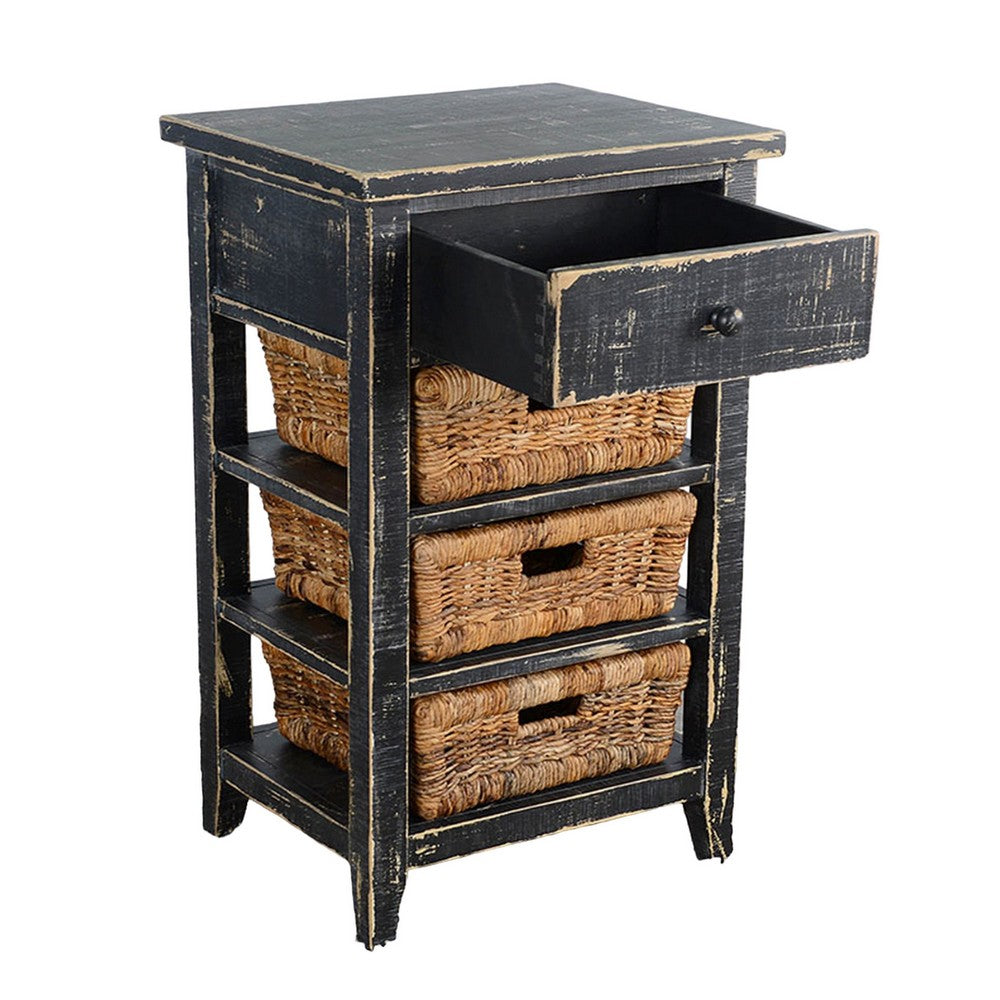 Benjara Rena End Table, 3 Natural Rattan Storage Baskets, 20 Inch Black Wood