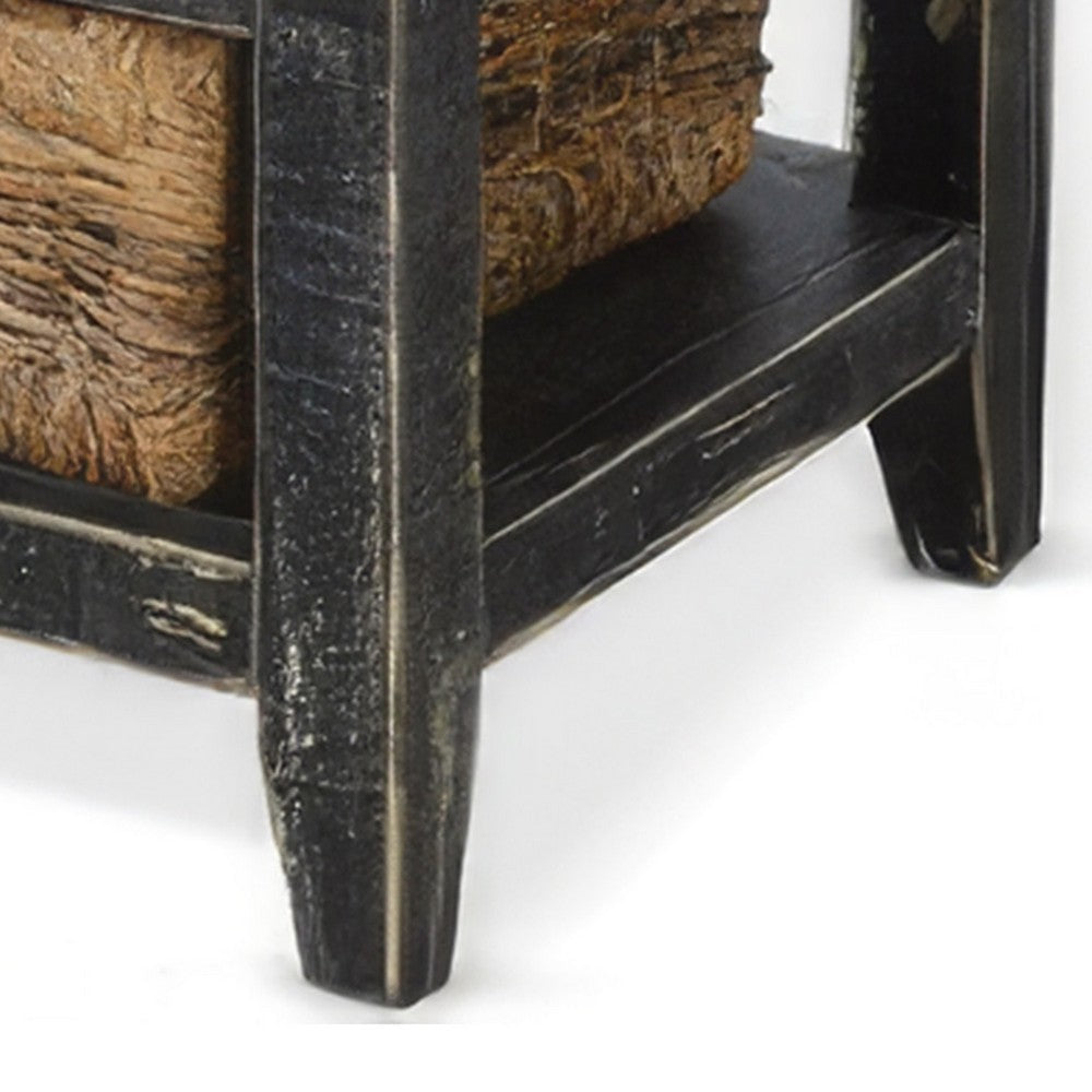 Benjara Rena End Table, 3 Natural Rattan Storage Baskets, 20 Inch Black Wood