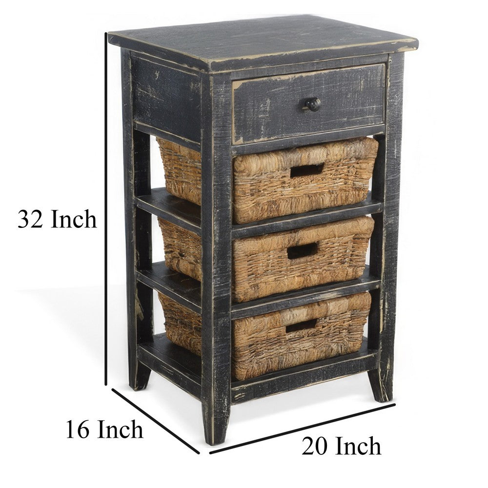 Benjara Rena End Table, 3 Natural Rattan Storage Baskets, 20 Inch Black Wood