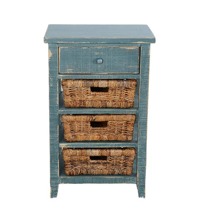 Benjara Rena End Table, 3 Natural Rattan Storage Baskets, 20 Inch Green Wood
