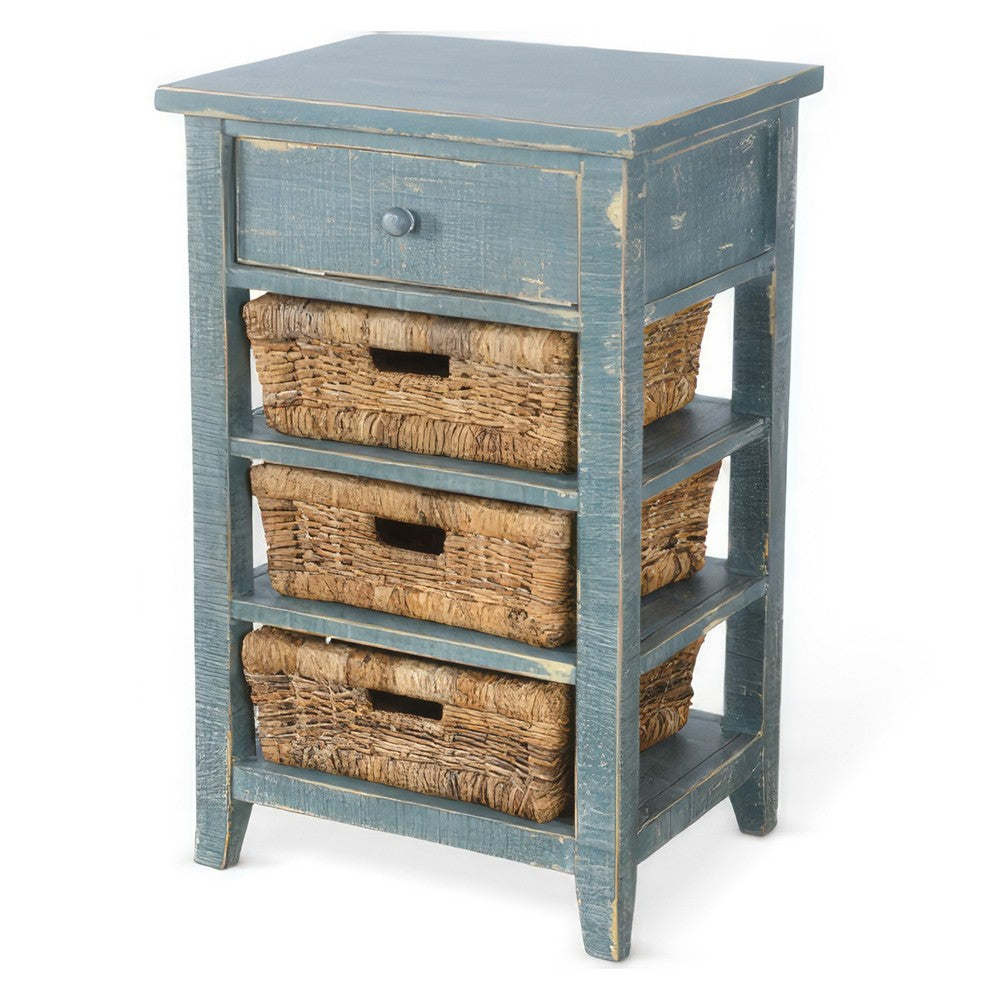 Benjara Rena End Table, 3 Natural Rattan Storage Baskets, 20 Inch Green Wood