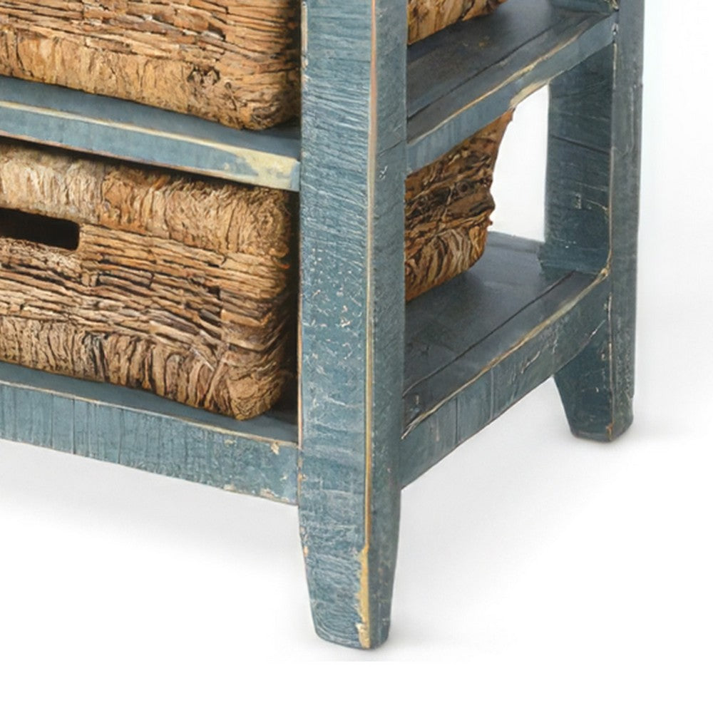 Benjara Rena End Table, 3 Natural Rattan Storage Baskets, 20 Inch Green Wood