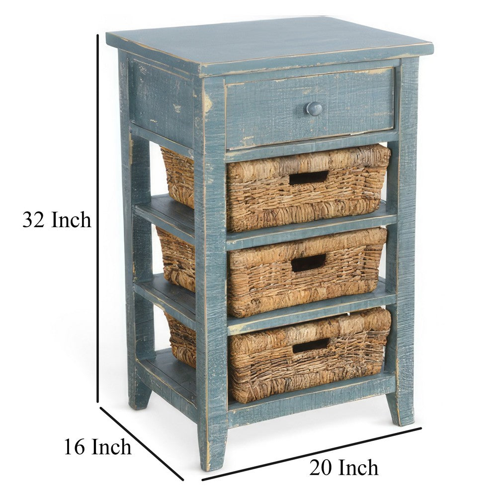 Benjara Rena End Table, 3 Natural Rattan Storage Baskets, 20 Inch Green Wood