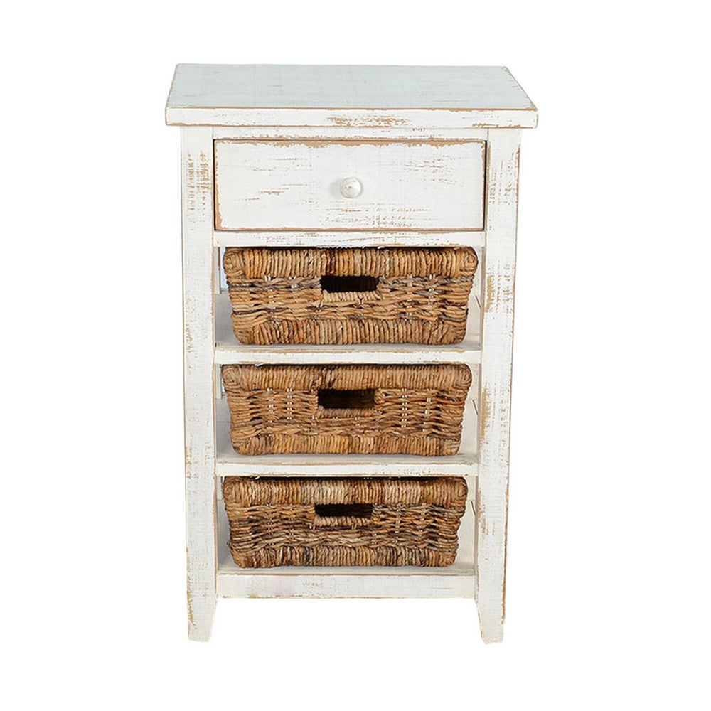 Benjara Rena End Table, 3 Natural Rattan Storage Baskets, 20 Inch White Wood