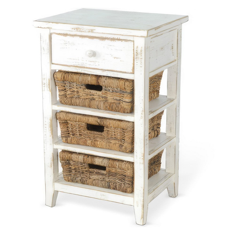 Benjara Rena End Table, 3 Natural Rattan Storage Baskets, 20 Inch White Wood