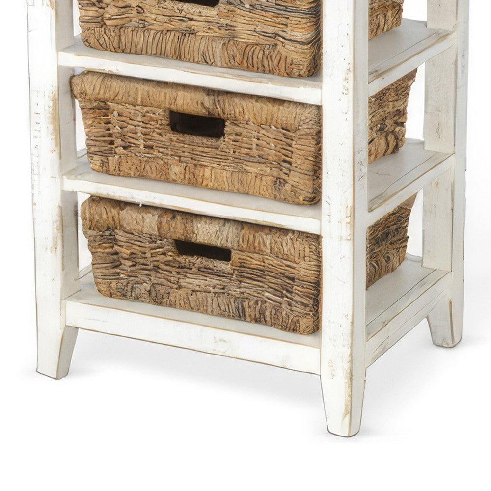 Benjara Rena End Table, 3 Natural Rattan Storage Baskets, 20 Inch White Wood