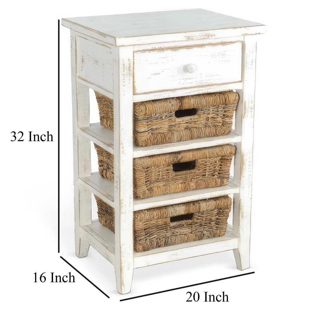 Benjara Rena End Table, 3 Natural Rattan Storage Baskets, 20 Inch White Wood