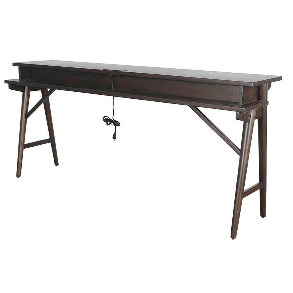 Benjara Ameri Console Table with USB Power Pack, 78 Inch Brown Mahogany Wood