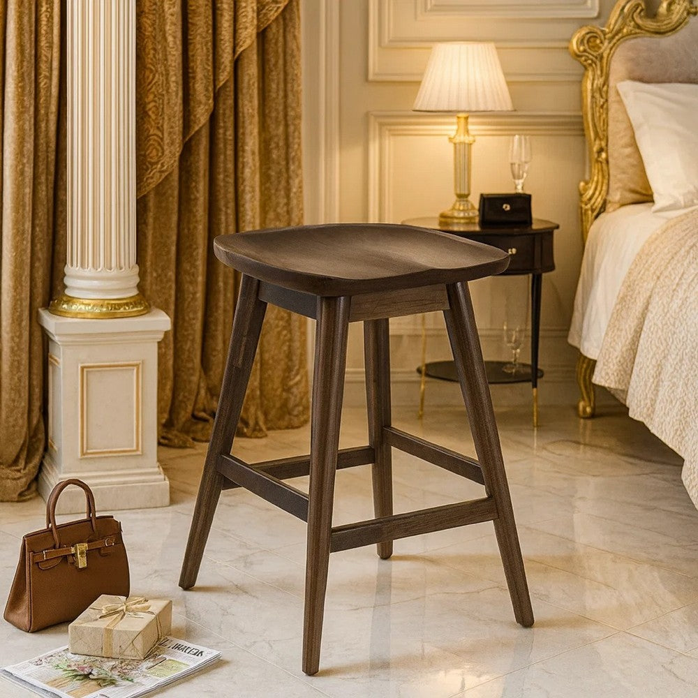 Benjara Ameri Counter Height Stool, Saddle Seat, Dark Brown Mahogany