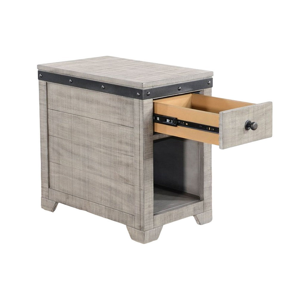 Benjara Nelly Side End Table, Drawers And Shelf, 25 Inch Alpine Gray Mahogany