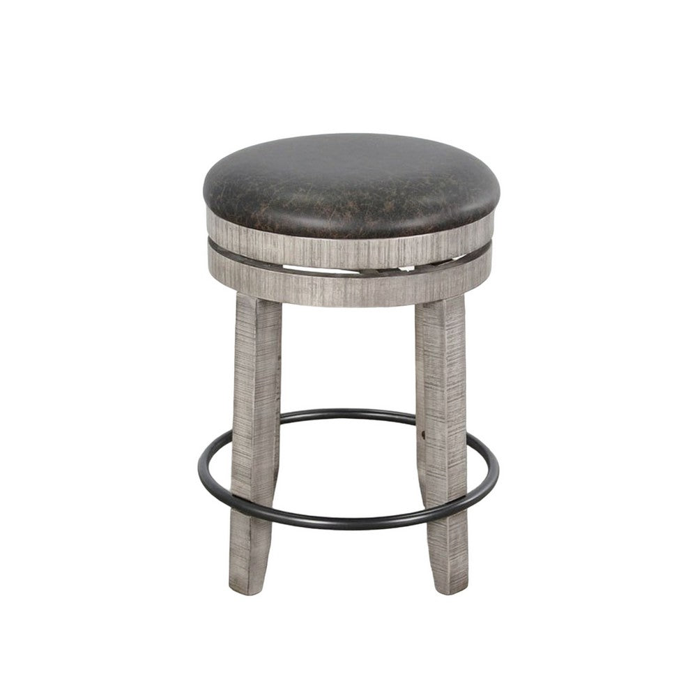 Benjara Zeka Swivel Counter Stool Set of 2, Rich Black Faux Leather, Gray