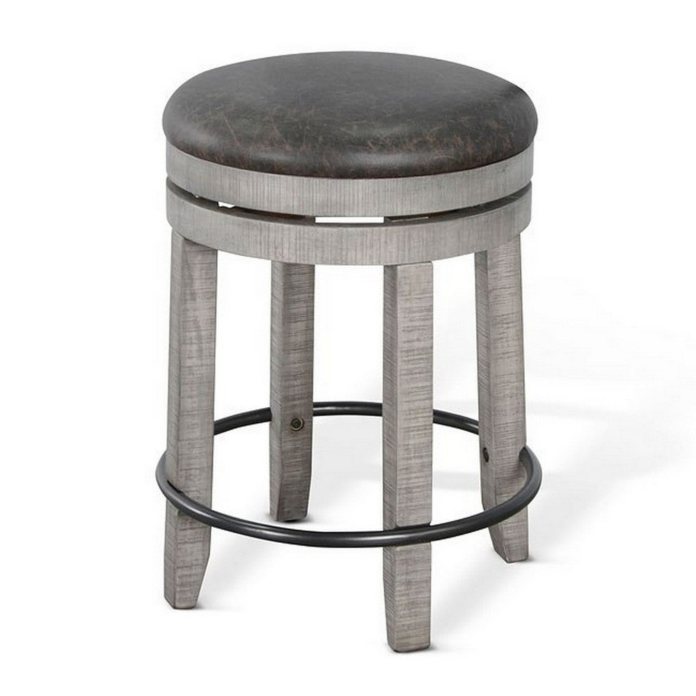 Benjara Zeka Swivel Counter Stool Set of 2, Rich Black Faux Leather, Gray