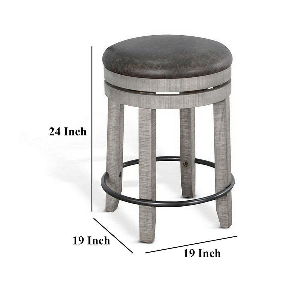 Benjara Zeka Swivel Counter Stool Set of 2, Rich Black Faux Leather, Gray