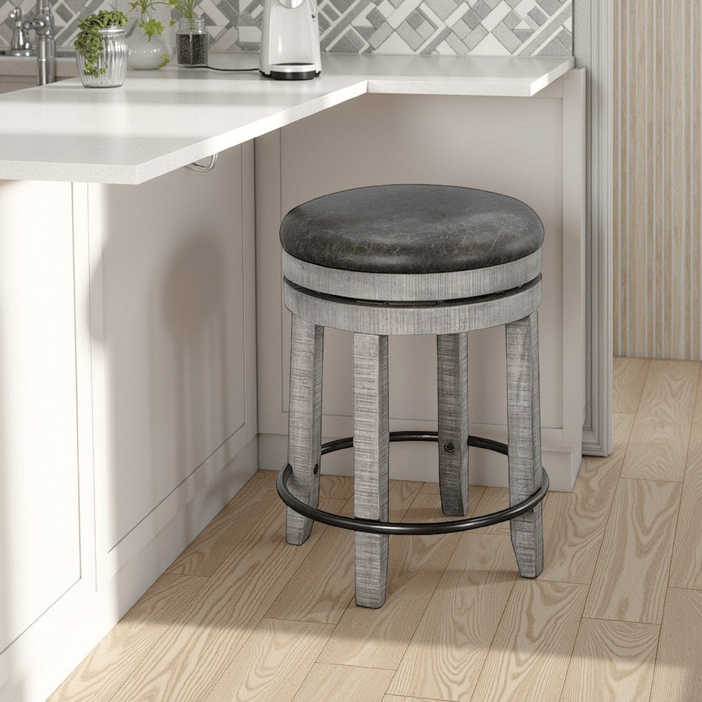 Benjara Zeka Swivel Counter Stool Set of 2, Rich Black Faux Leather, Gray