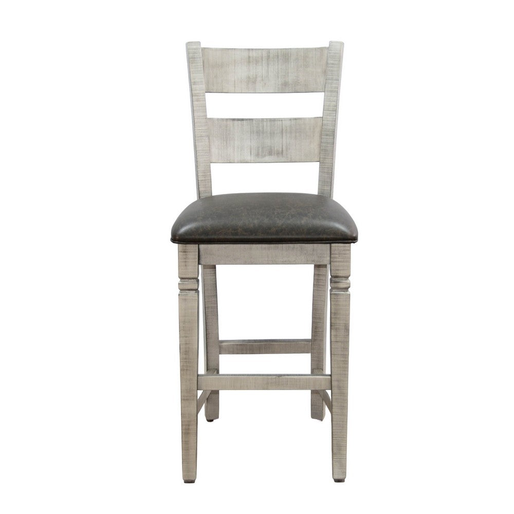 Benjara Zeka Barstool Chair Set of 2, Black Faux Leather, Gray Wood Ladderback