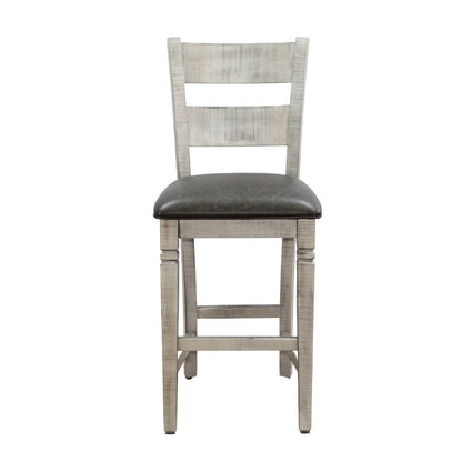 Benjara Zeka Barstool Chair Set of 2, Black Faux Leather, Gray Wood Ladderback