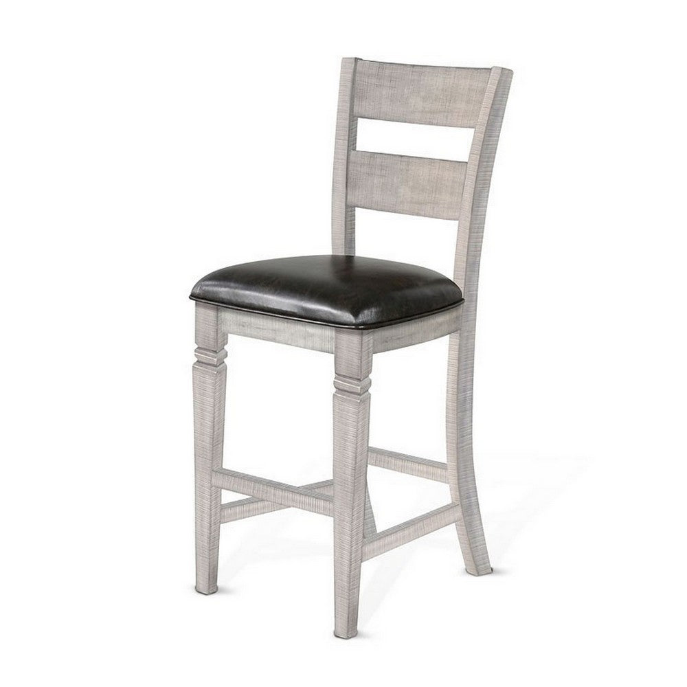 Benjara Zeka Barstool Chair Set of 2, Black Faux Leather, Gray Wood Ladderback