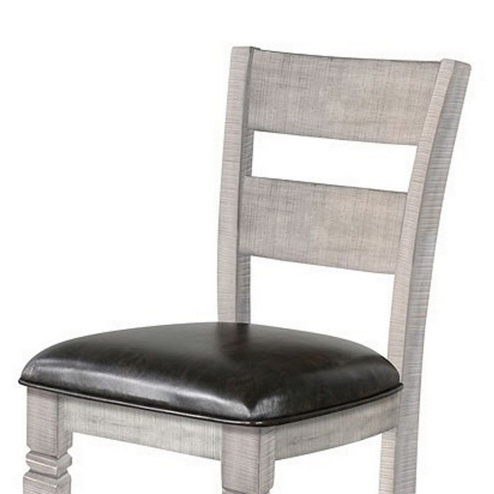 Benjara Zeka Barstool Chair Set of 2, Black Faux Leather, Gray Wood Ladderback