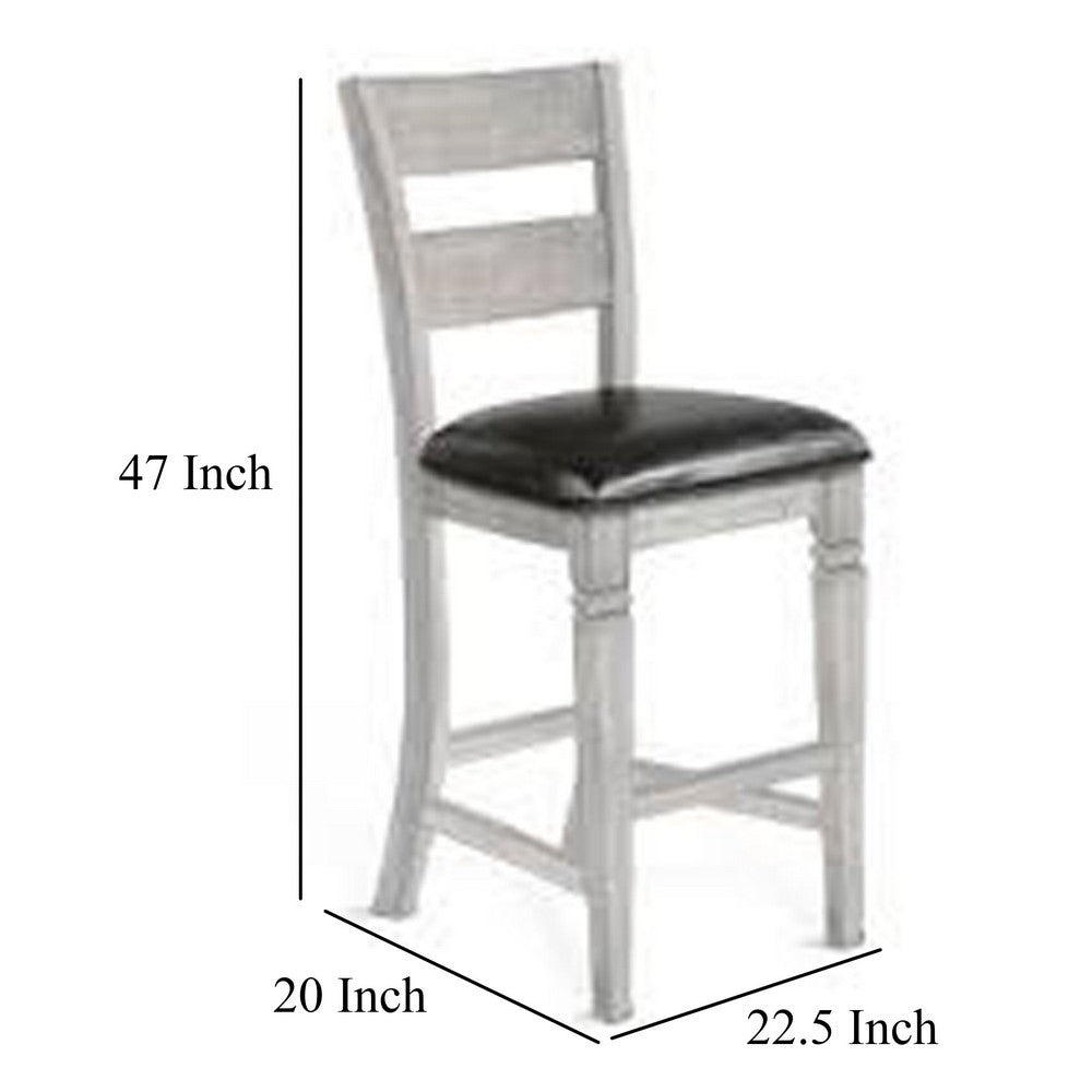 Benjara Zeka Barstool Chair Set of 2, Black Faux Leather, Gray Wood Ladderback