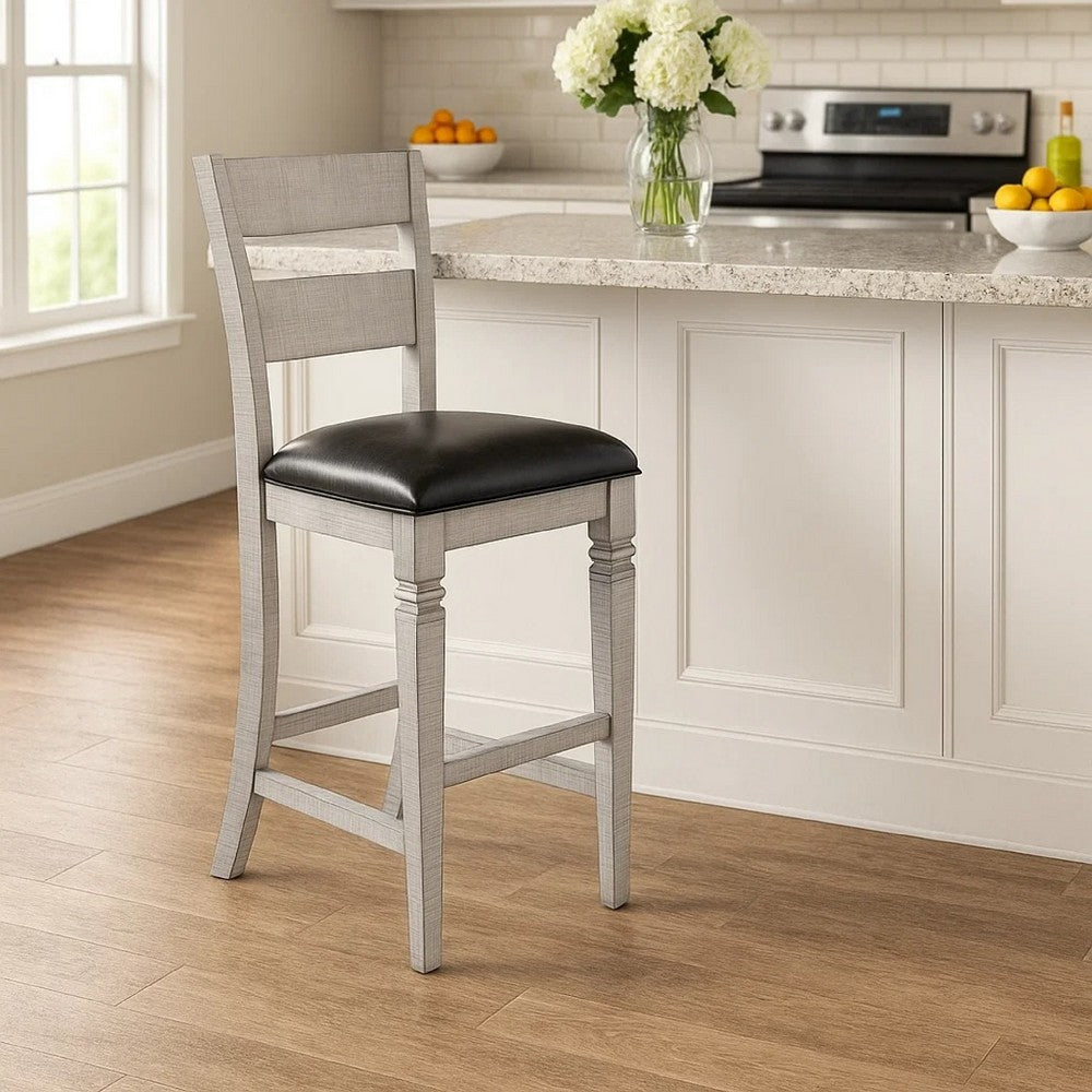 Benjara Zeka Barstool Chair Set of 2, Black Faux Leather, Gray Wood Ladderback