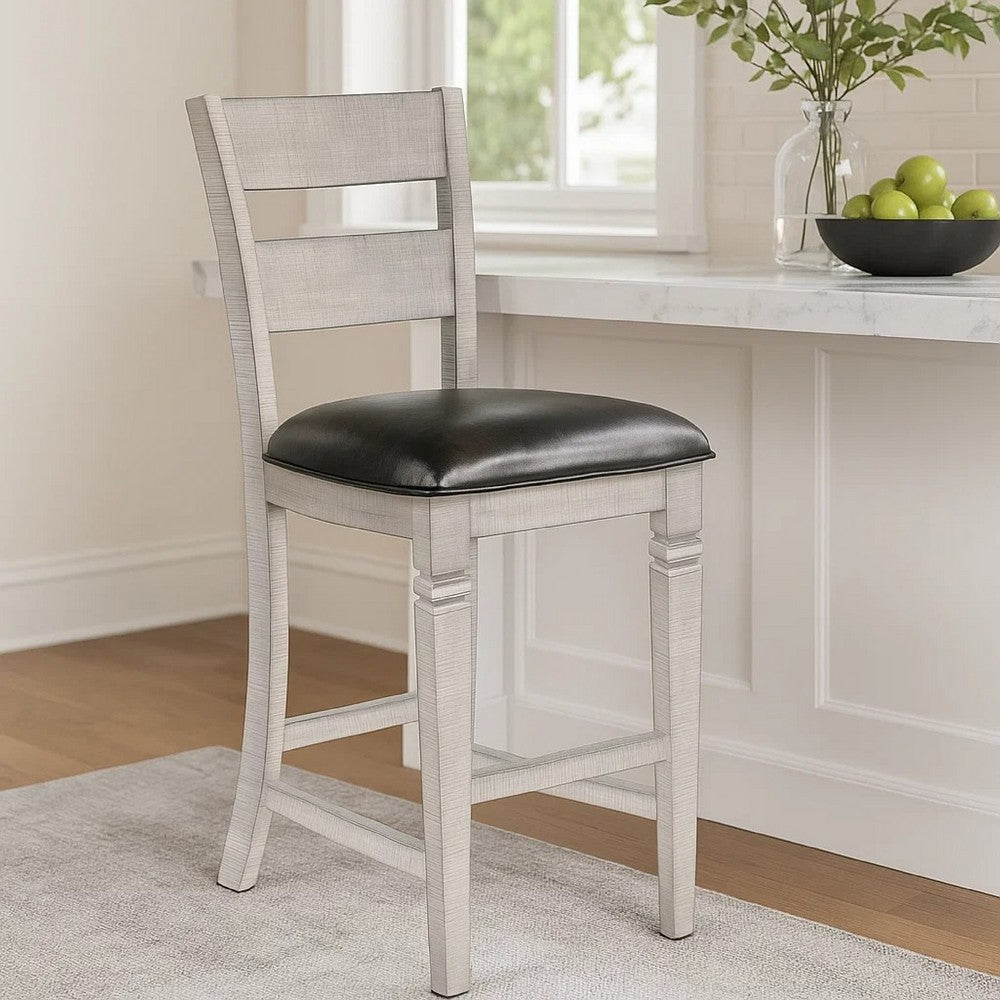 Benjara Zeka Barstool Chair Set of 2, Black Faux Leather, Gray Wood Ladderback