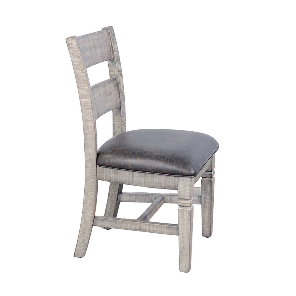 Benjara Camie Dining Chair Set of 2, Faux Leather, Brown Mahogany Ladderback