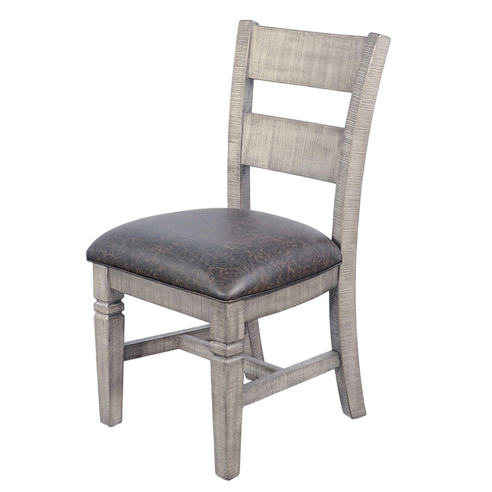 Benjara Camie Dining Chair Set of 2, Faux Leather, Brown Mahogany Ladderback
