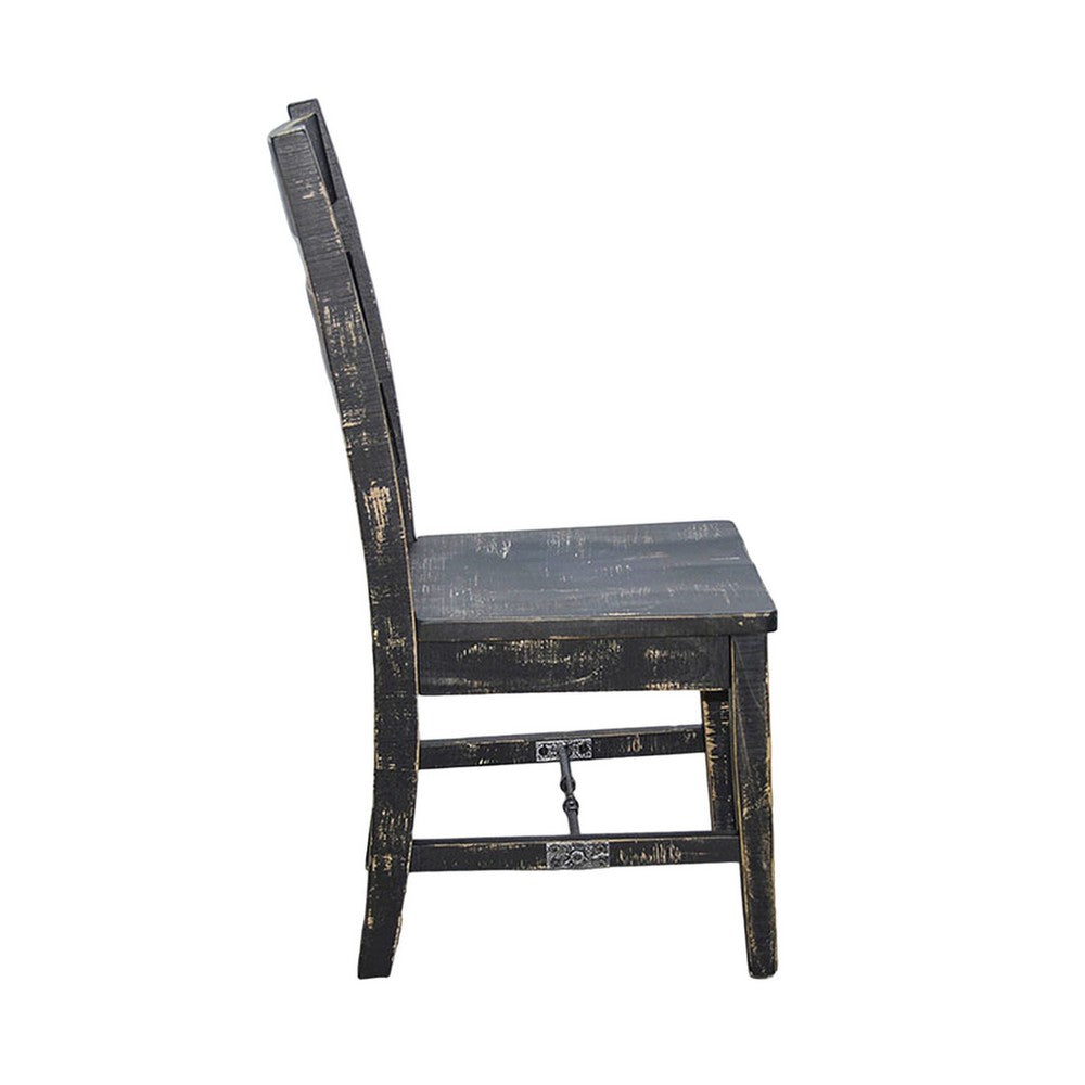 Benjara Rena Dining Chair Set of 2, Ladderback And Wood Seat, Black Mahogany