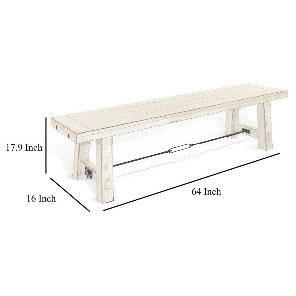 Benjara Rena Dining Bench, Turnbuckle Accent, 64 Inch White Mahogany Wood