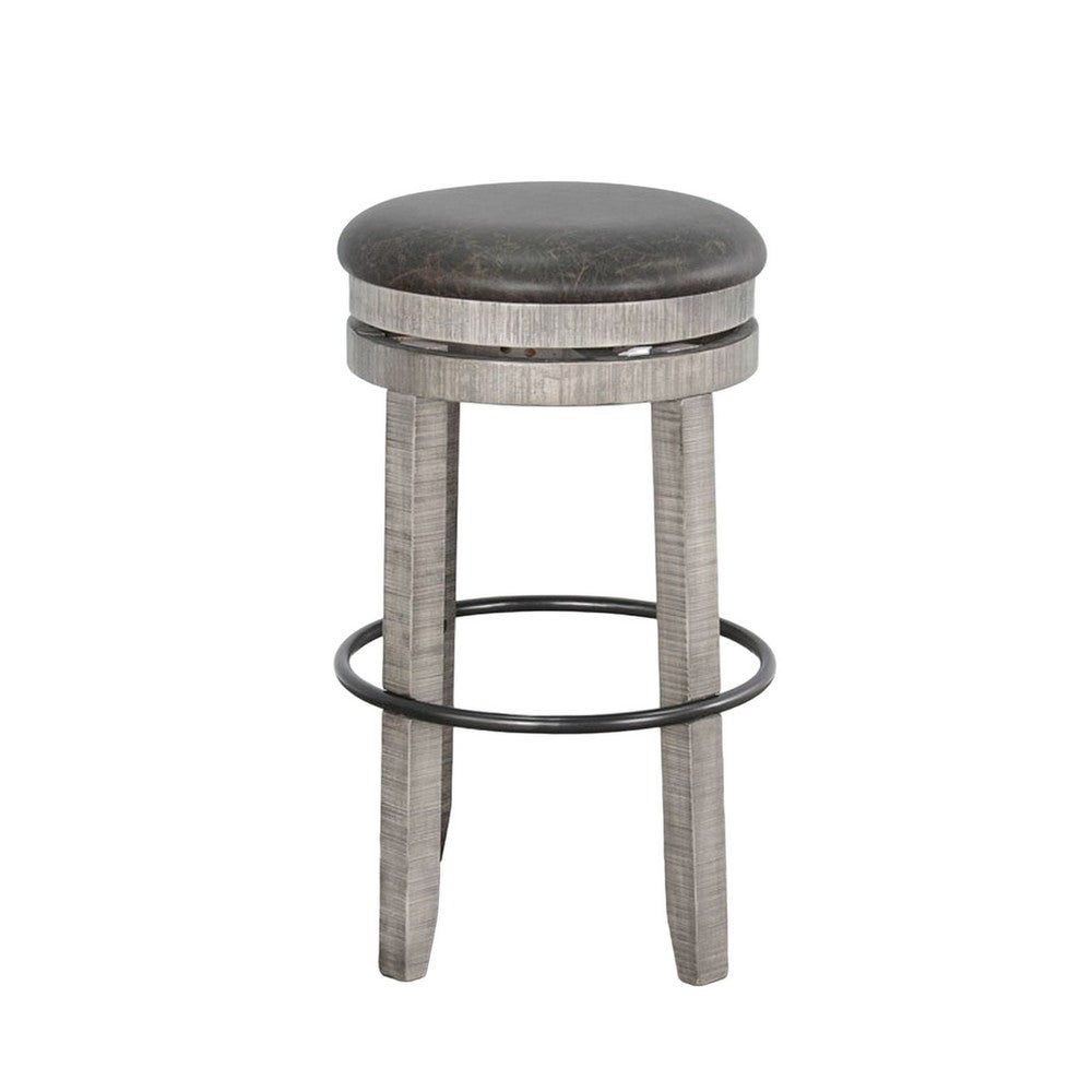 Benjara Zeka Swivel Barstool Set of 2, Gray Faux Leather And Mahogany Wood