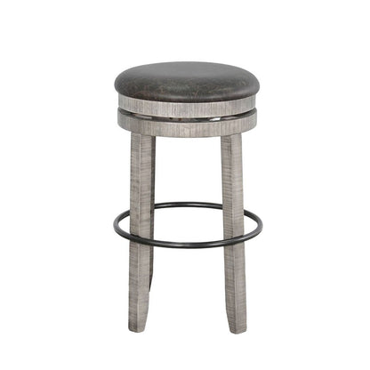 Benjara Zeka Swivel Barstool Set of 2, Gray Faux Leather And Mahogany Wood