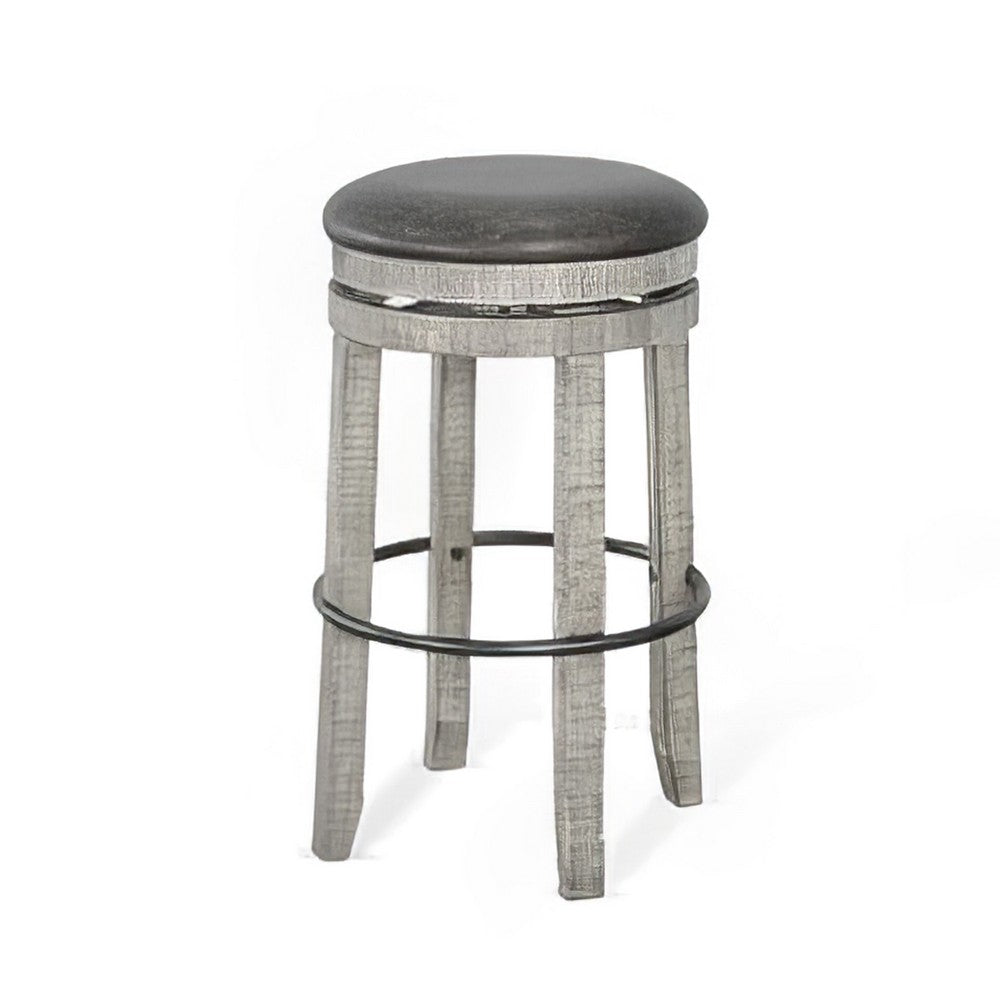 Benjara Zeka Swivel Barstool Set of 2, Gray Faux Leather And Mahogany Wood