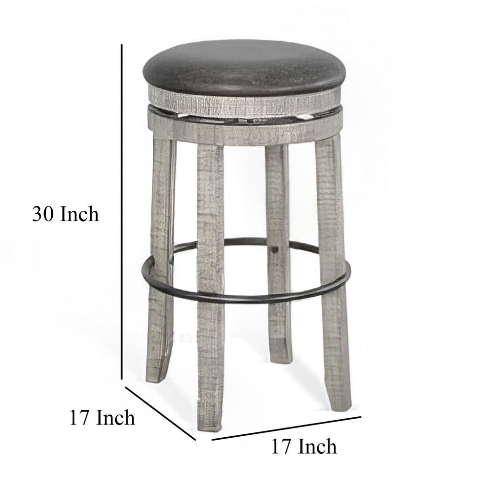 Benjara Zeka Swivel Barstool Set of 2, Gray Faux Leather And Mahogany Wood