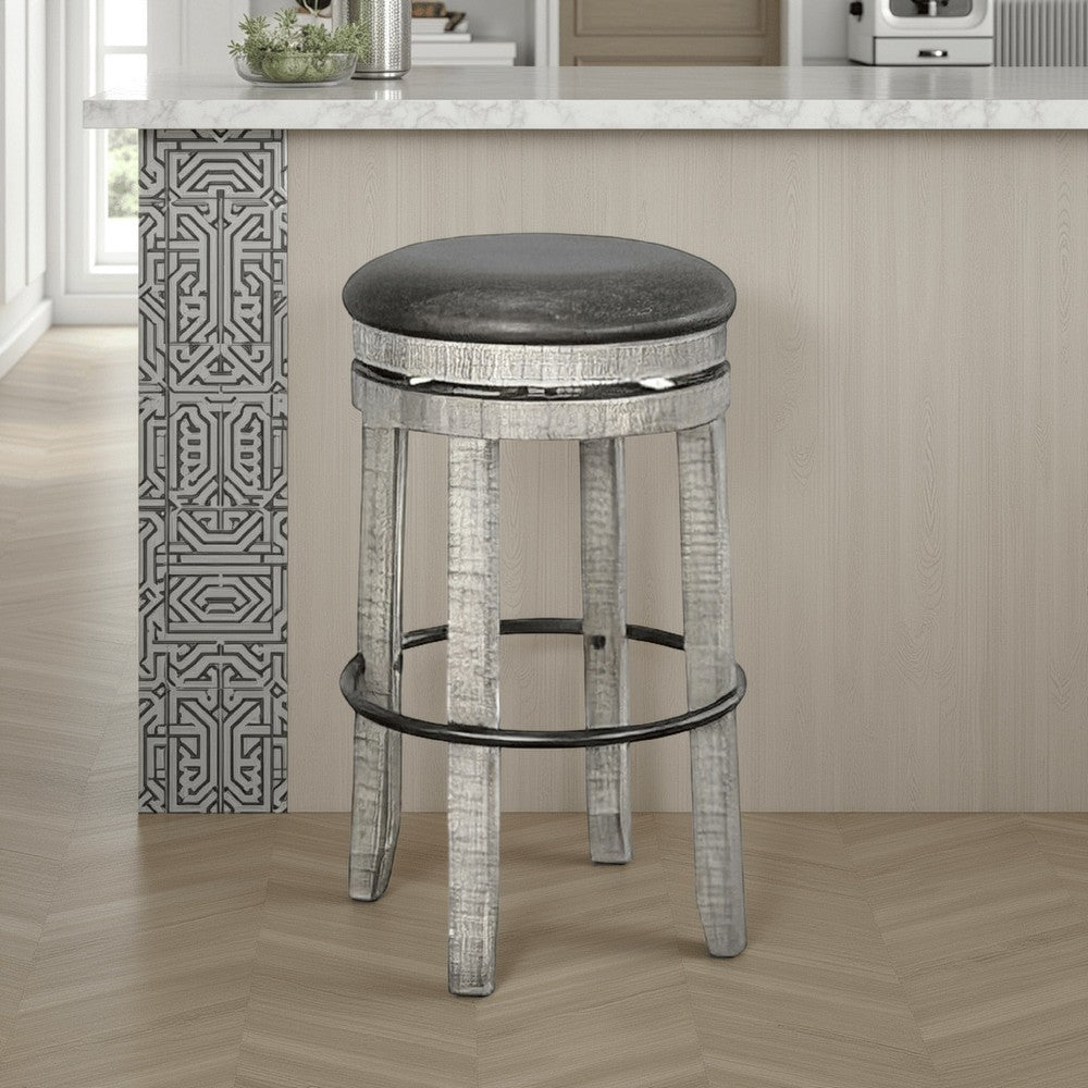 Benjara Zeka Swivel Barstool Set of 2, Gray Faux Leather And Mahogany Wood