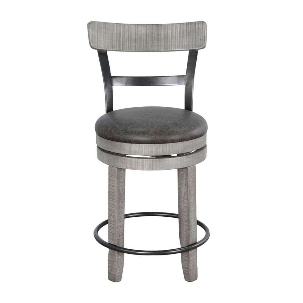 Benjara Zeka Swivel Counter Stool Chair Set of 2, Faux Leather, Gray Mahogany