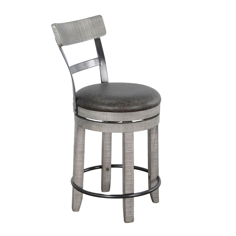 Benjara Zeka Swivel Counter Stool Chair Set of 2, Faux Leather, Gray Mahogany