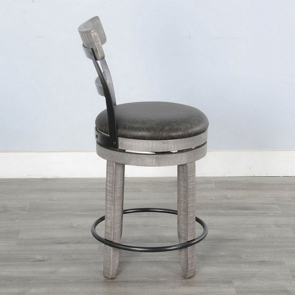 Benjara Zeka Swivel Counter Stool Chair Set of 2, Faux Leather, Gray Mahogany